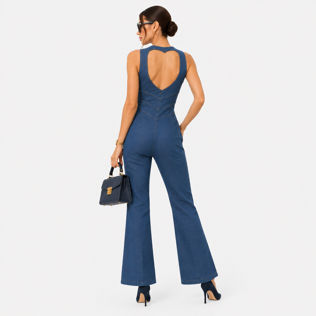 Denim Jumpsuit, Zip Front Flared Wide Leg One Piece