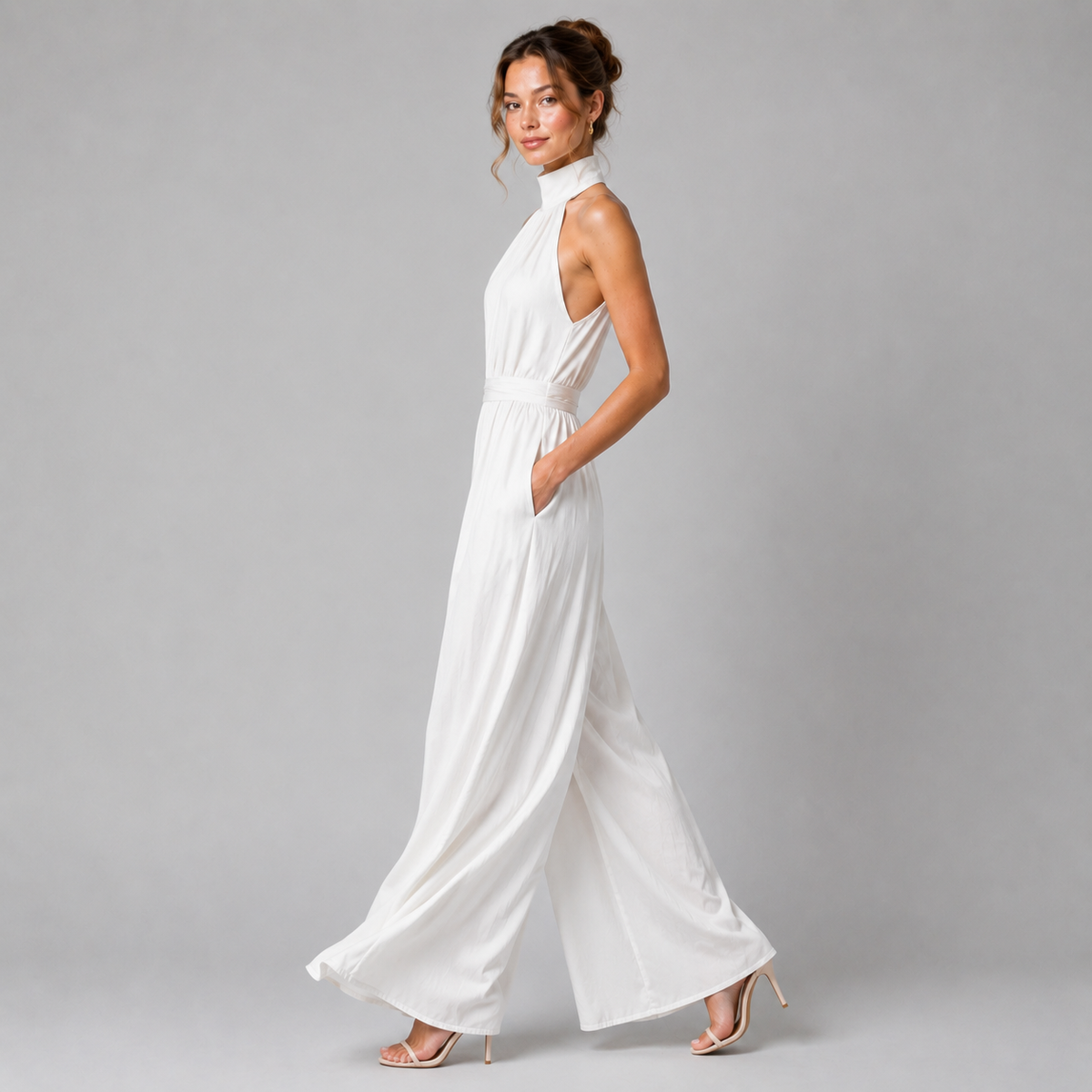 Halter Neck Wide Leg Jumpsuit, Flowing Formal Outfit