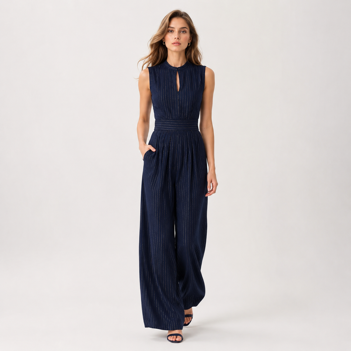 Lightweight Sleeveless Jumpsuit, Wide Leg Navy Cut