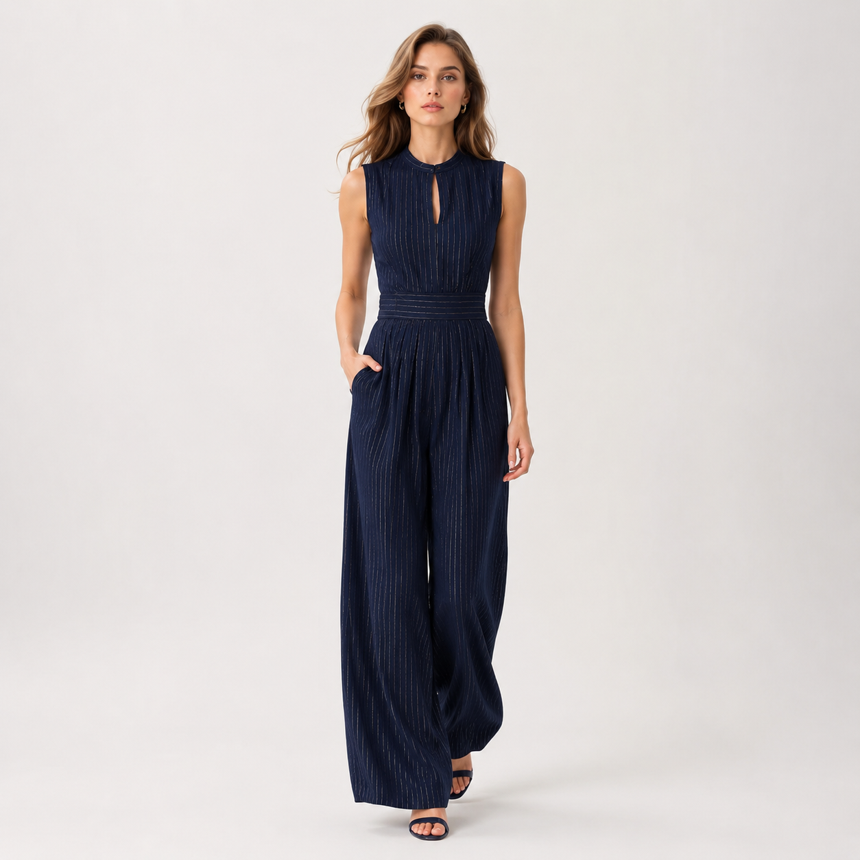 Lightweight Sleeveless Jumpsuit, Wide Leg Navy Cut