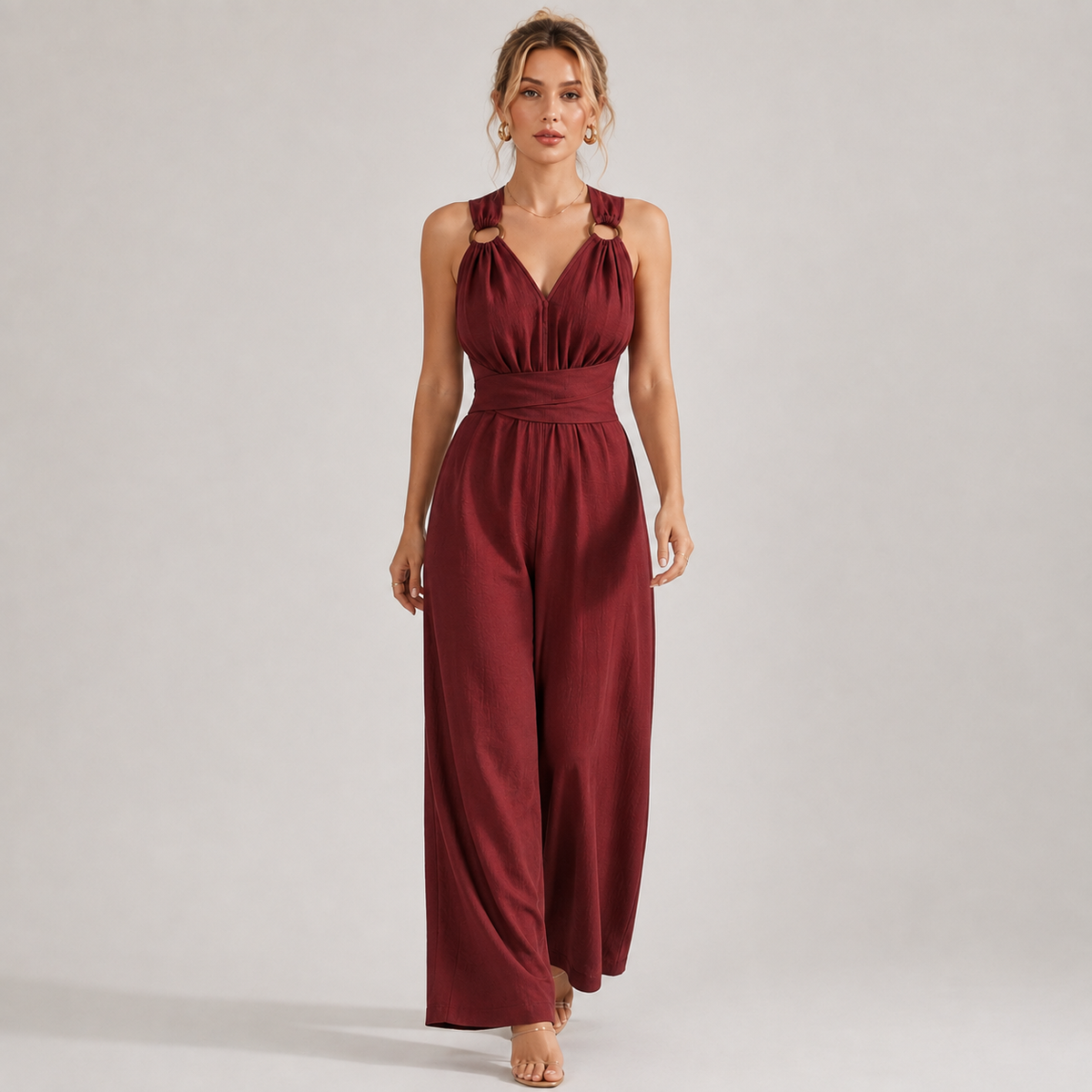 Backless V Neck Jumpsuit, Tie Waist Wide Leg Outfit