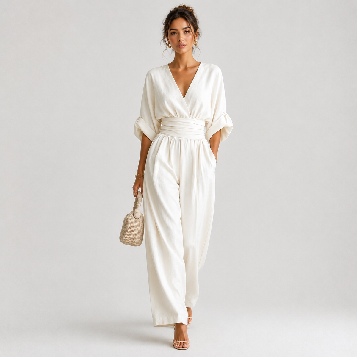 V Neck Wide Leg Jumpsuit, High Waist One Piece Outfit