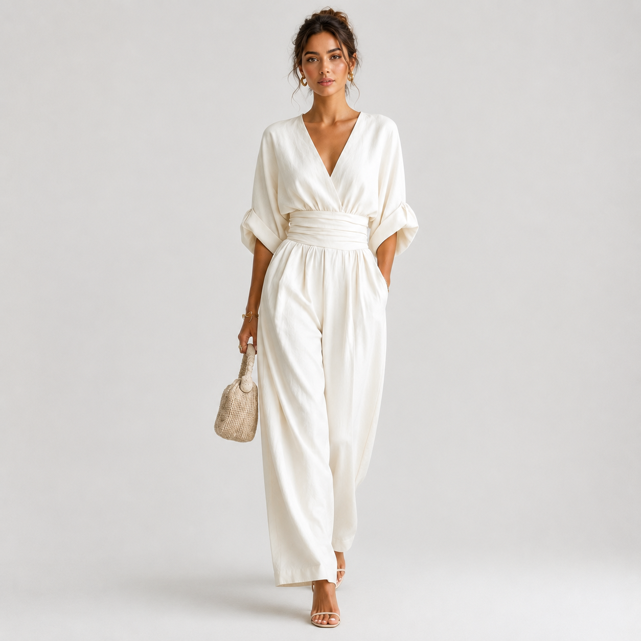 V Neck Wide Leg Jumpsuit, High Waist One Piece Outfit