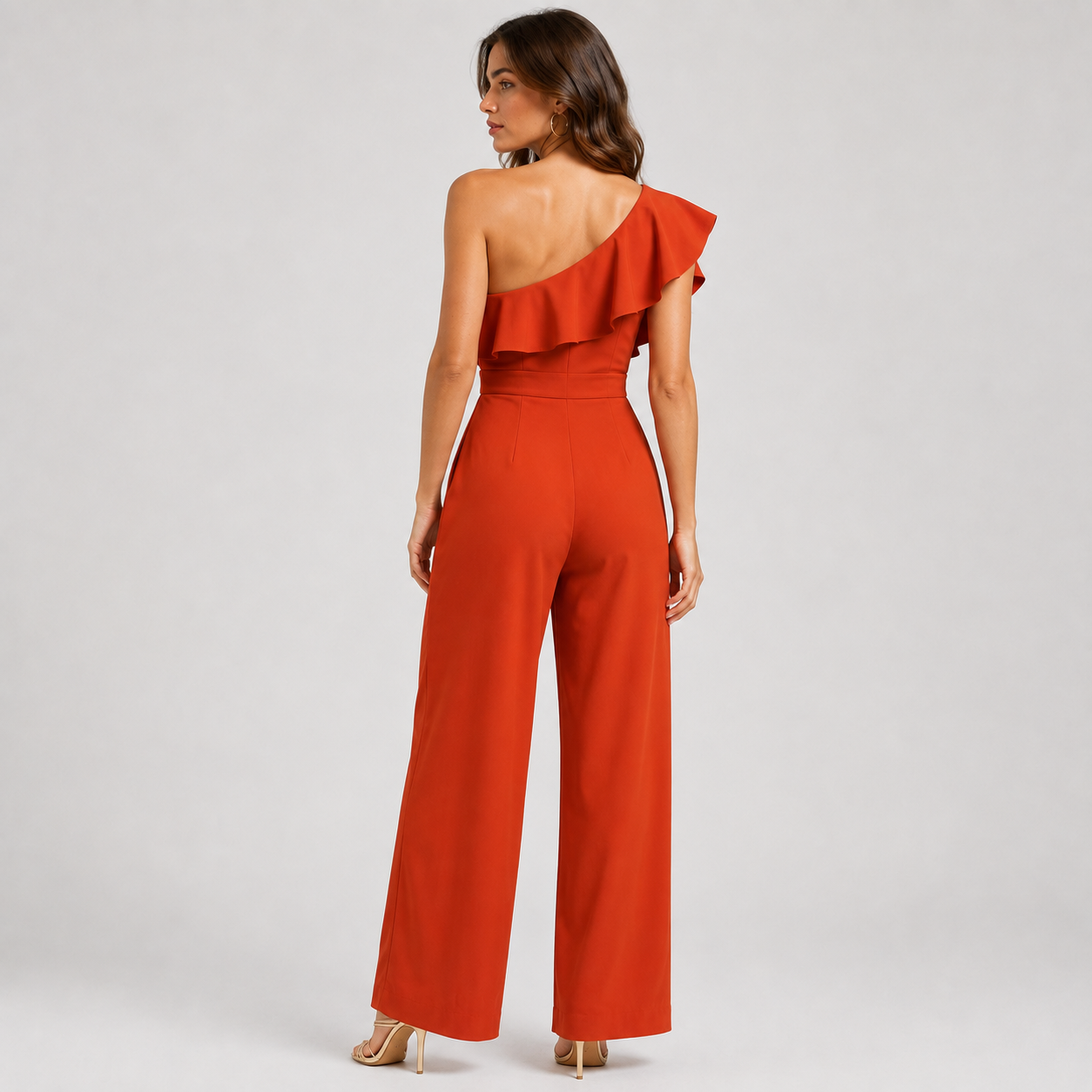 One Shoulder Ruffle Jumpsuit, High Waist Straight Leg