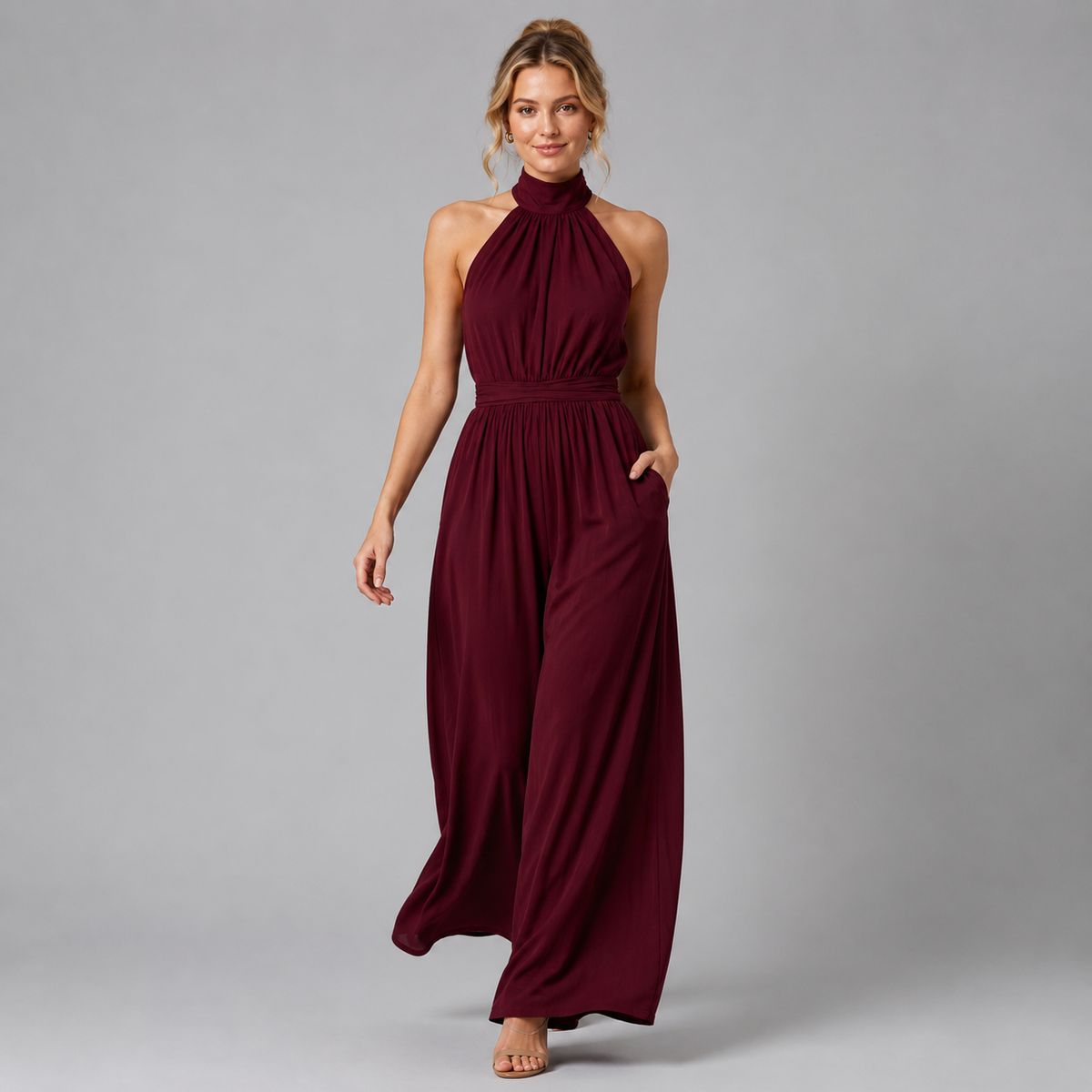 Halter Neck Wide Leg Jumpsuit, Flowing Formal Outfit