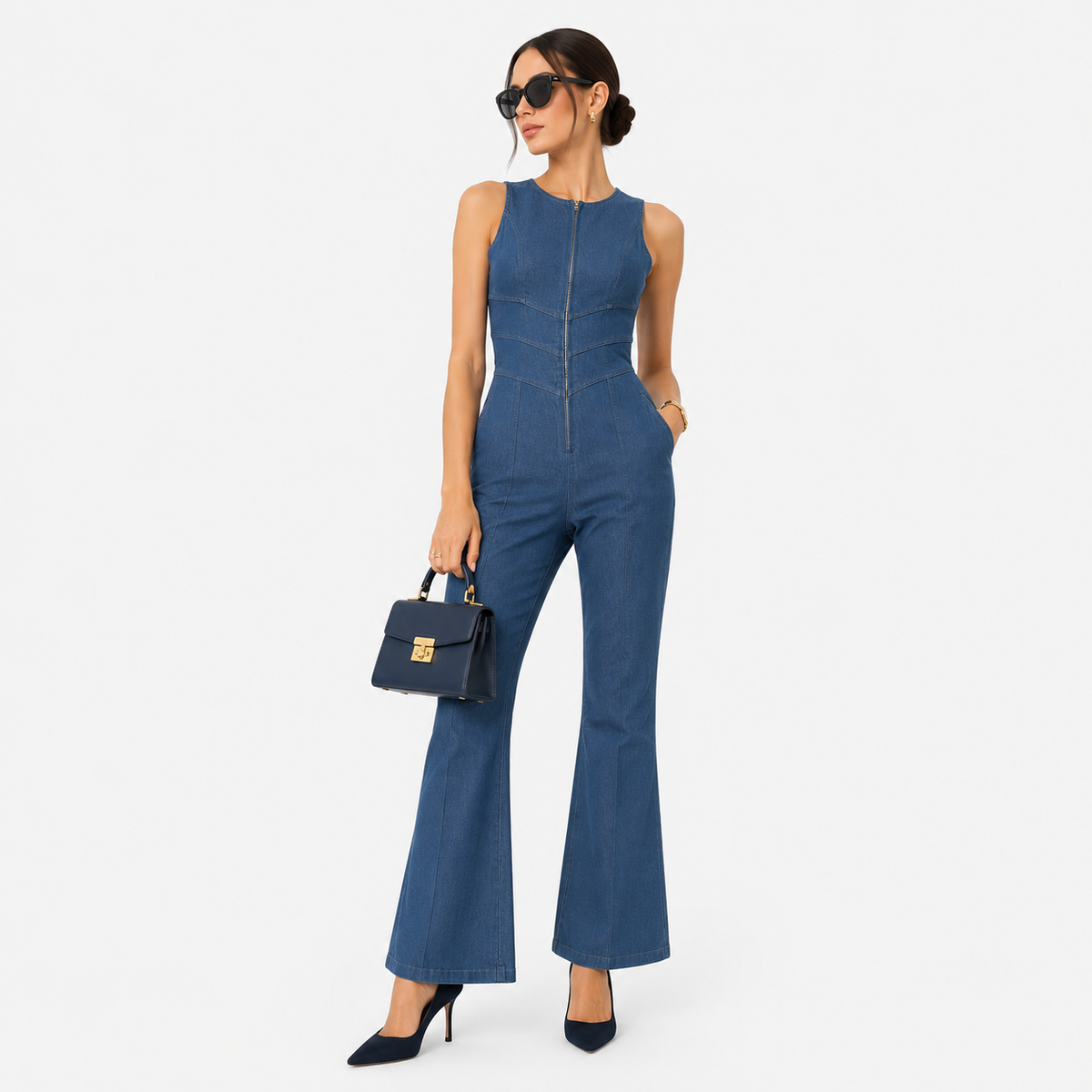 Denim Jumpsuit, Zip Front Flared Wide Leg One Piece