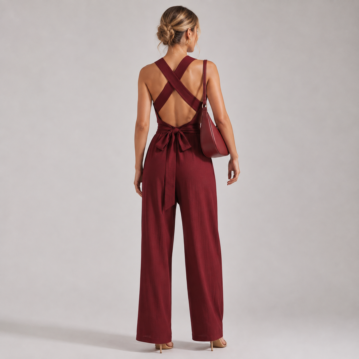 Backless V Neck Jumpsuit, Tie Waist Wide Leg Outfit