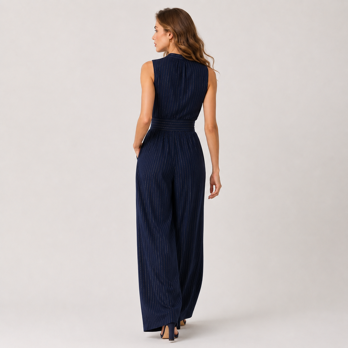 Lightweight Sleeveless Jumpsuit, Wide Leg Navy Cut