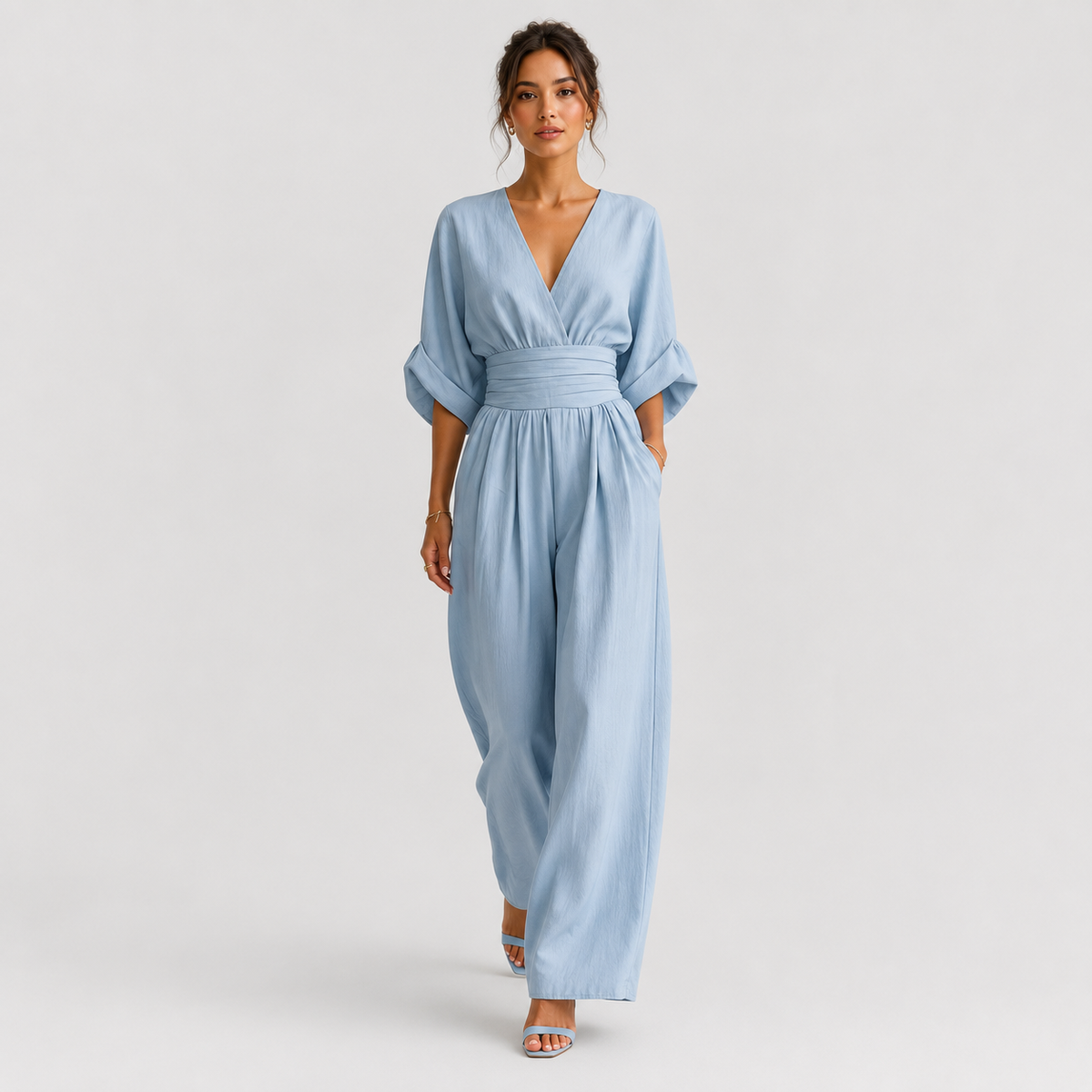 V Neck Wide Leg Jumpsuit, High Waist One Piece Outfit