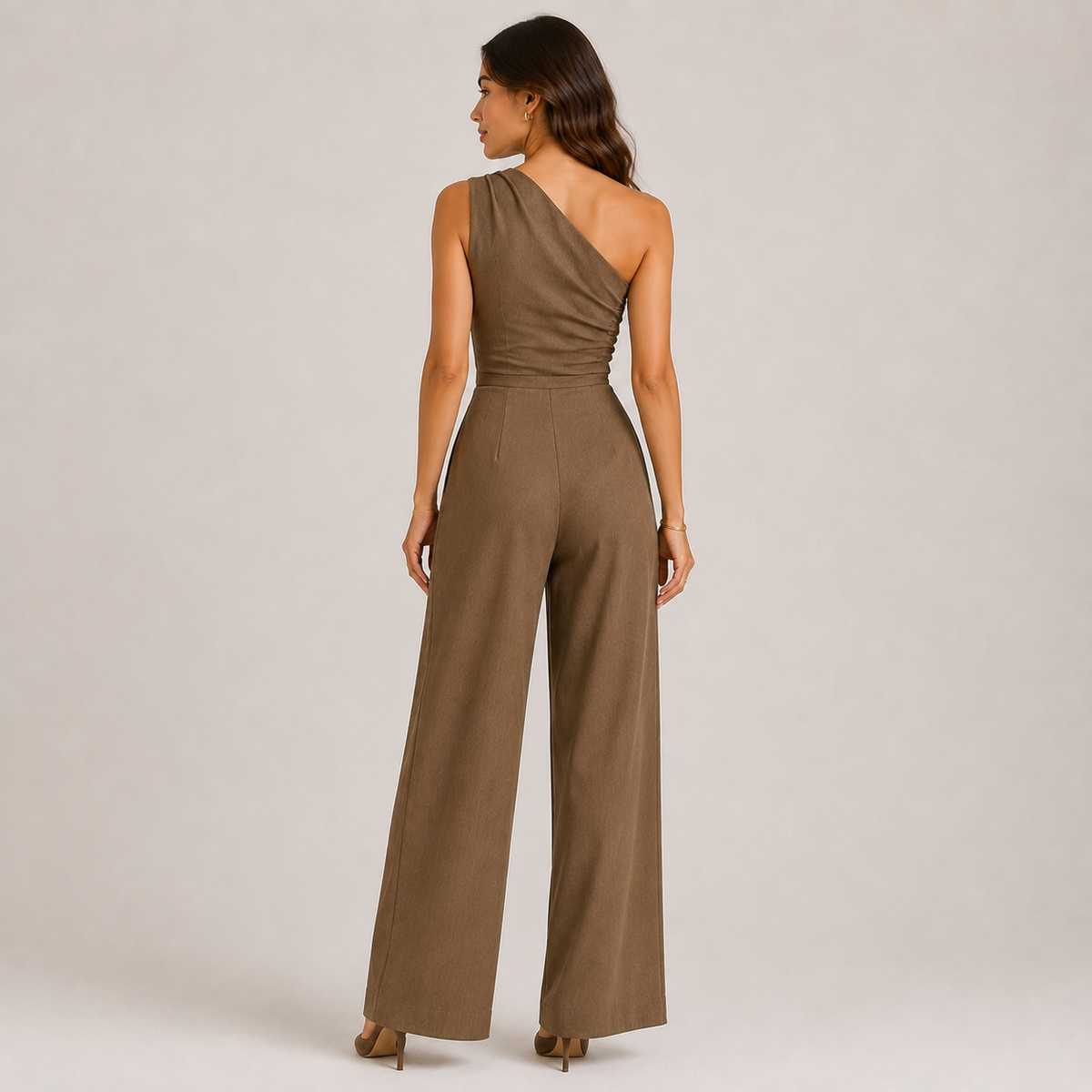 One Shoulder Jumpsuit, Wide Leg Defined Waist Outfit