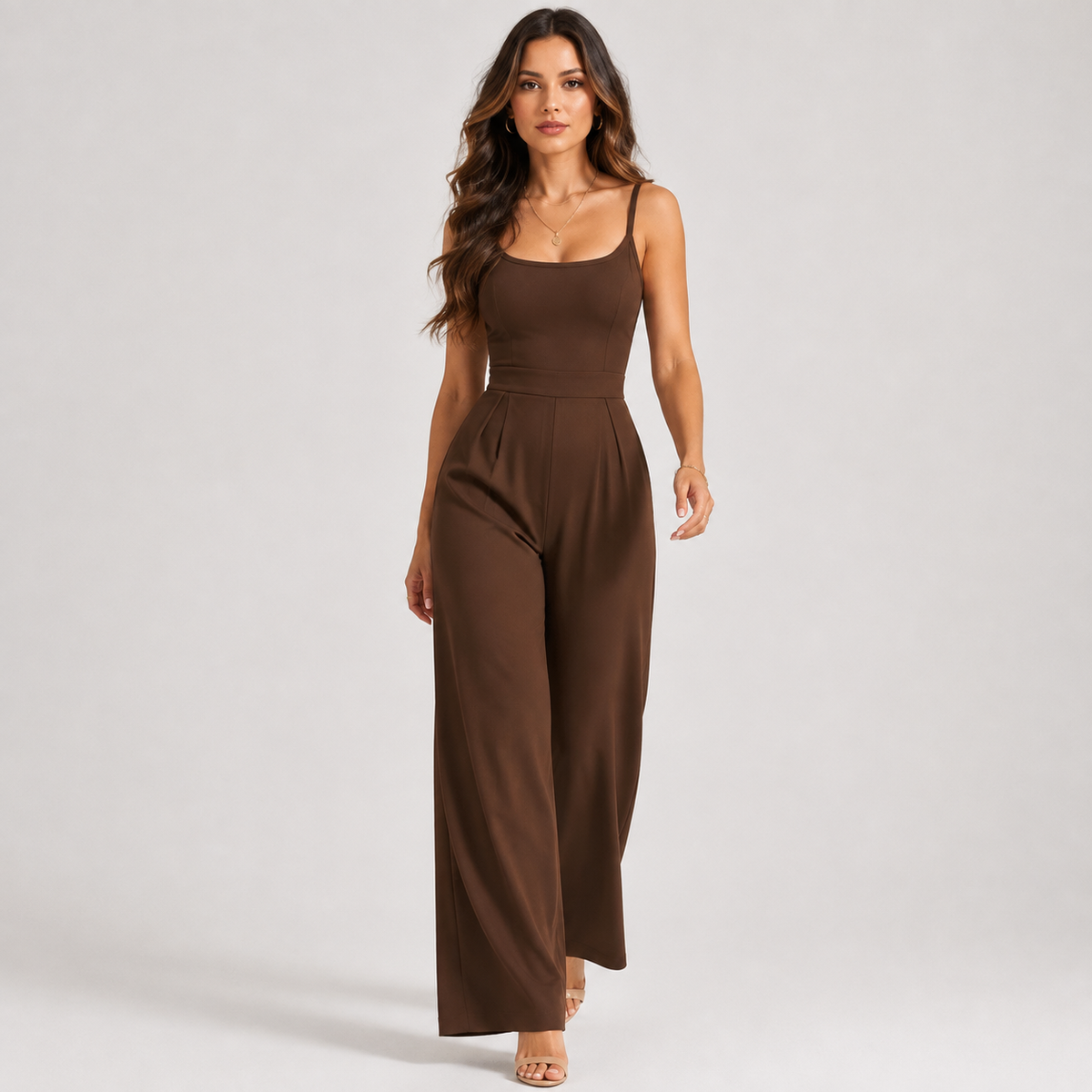 High Waist Sleeveless Jumpsuit, Stretch Straight Leg