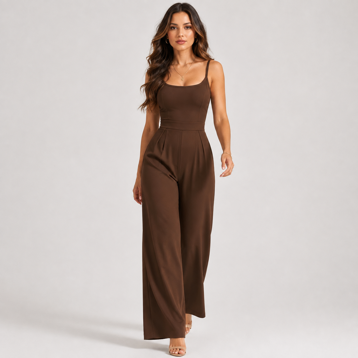 High Waist Sleeveless Jumpsuit, Stretch Straight Leg