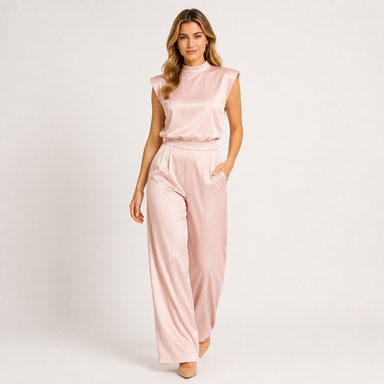 Satin Look Wide Leg Jumpsuit, Open Back Sleeveless