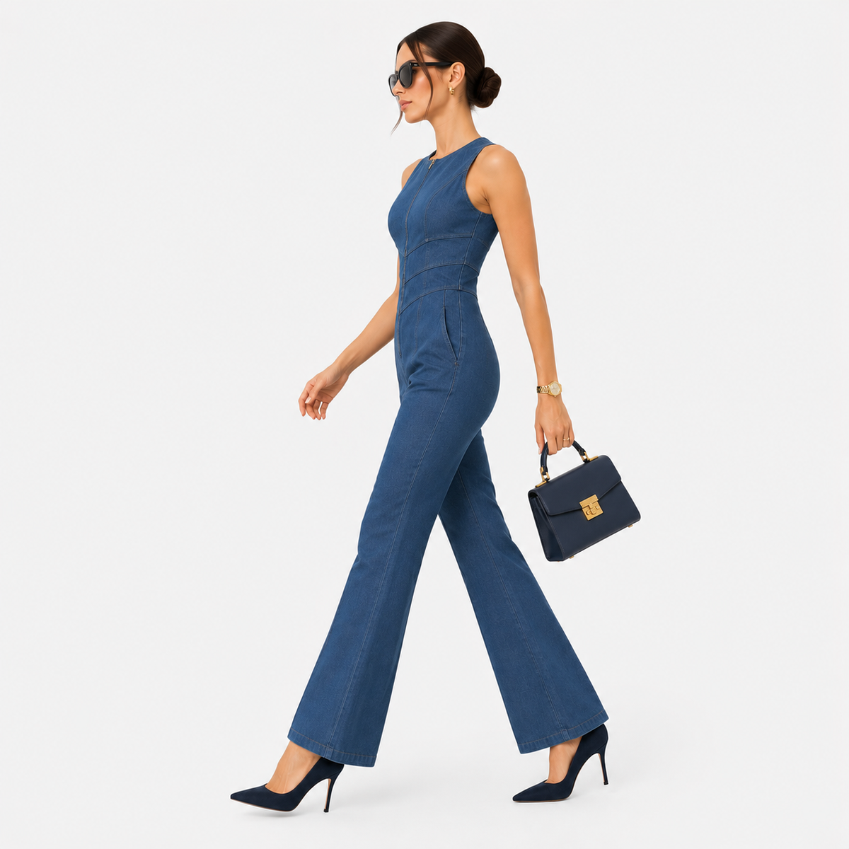 Denim Jumpsuit, Zip Front Flared Wide Leg One Piece