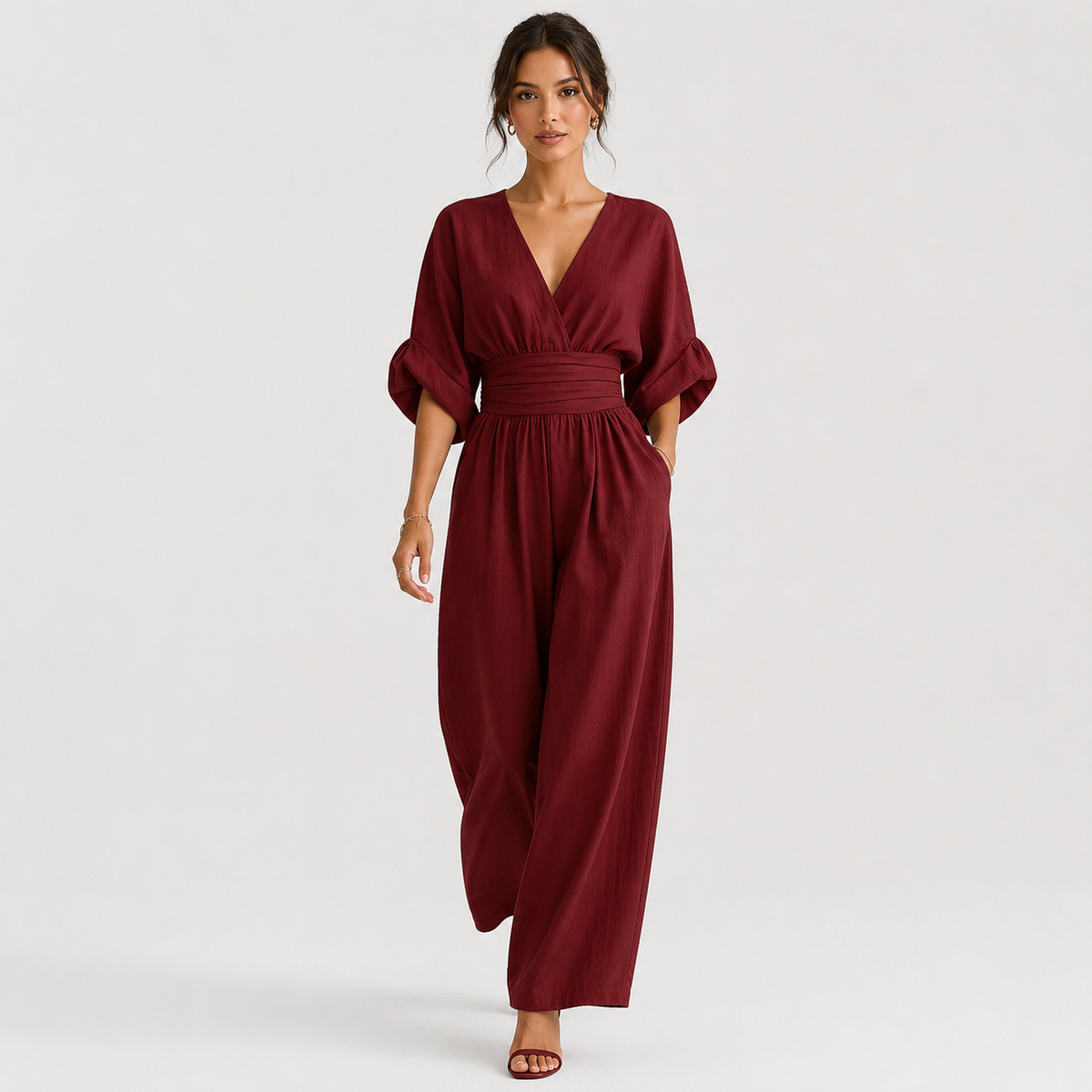 V Neck Wide Leg Jumpsuit, High Waist One Piece Outfit