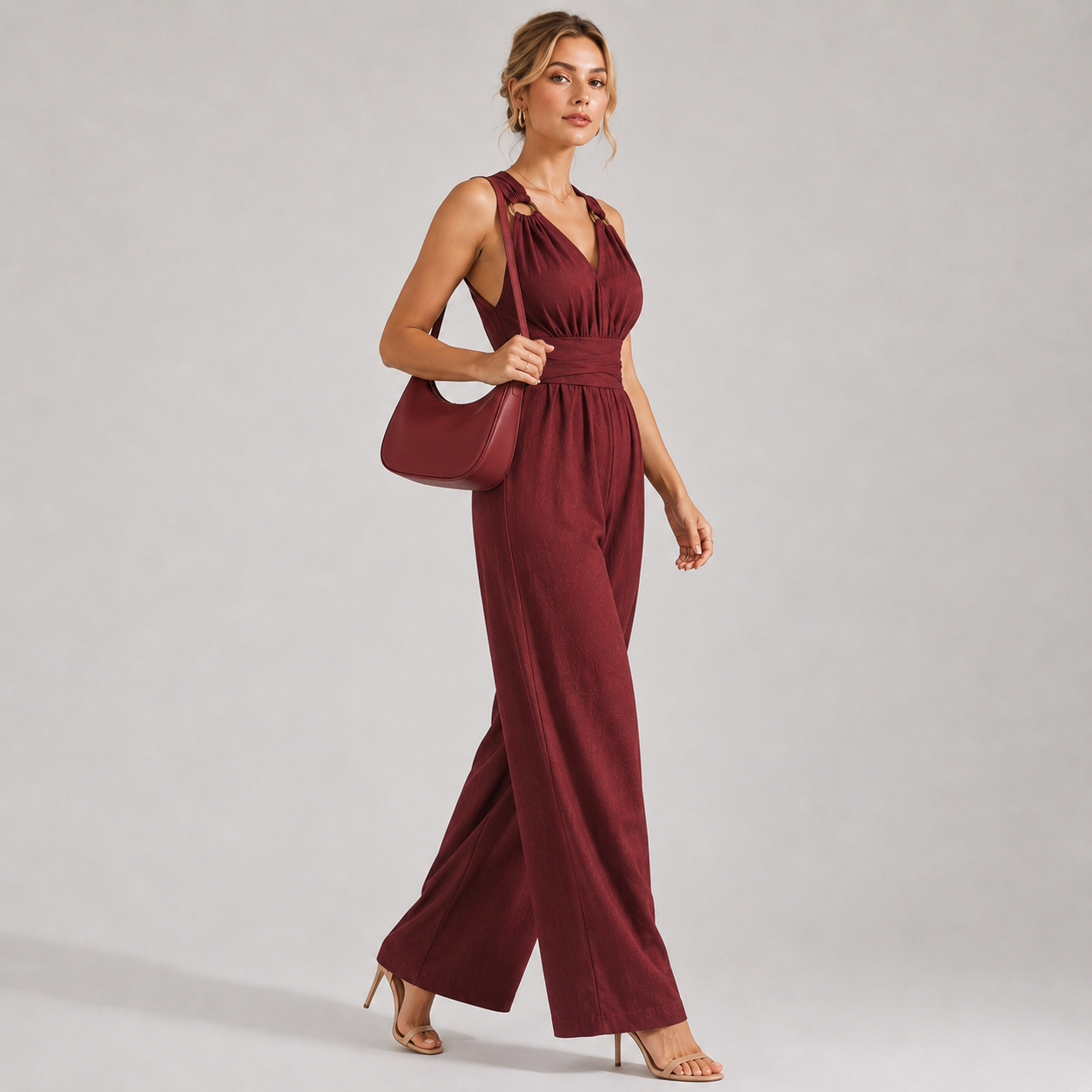 Backless V Neck Jumpsuit, Tie Waist Wide Leg Outfit