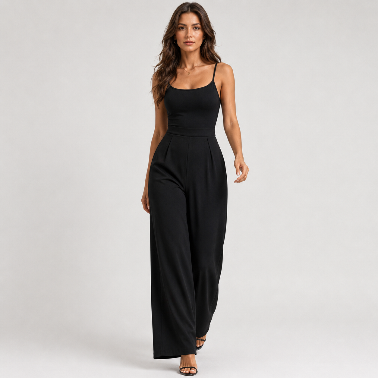 High Waist Sleeveless Jumpsuit, Stretch Straight Leg