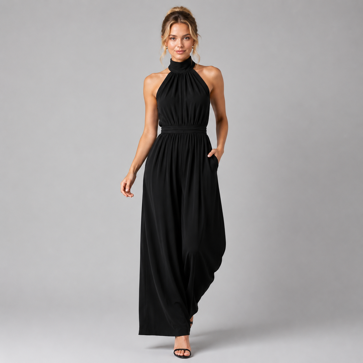 Halter Neck Wide Leg Jumpsuit, Flowing Formal Outfit