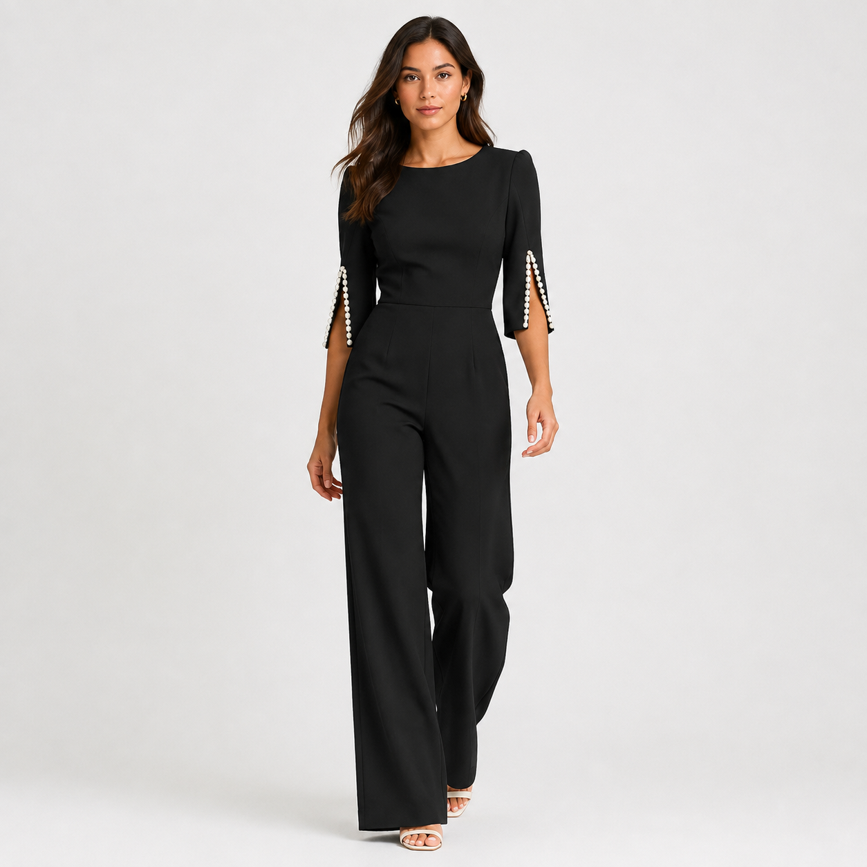 Pearl Detail Wide Leg Jumpsuit, Formal One Piece Look