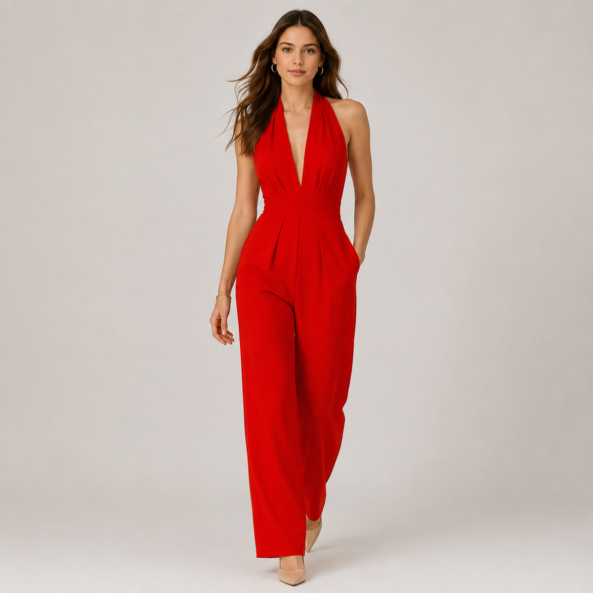 Halter Jumpsuit with Pockets, Deep V Wide Leg Style