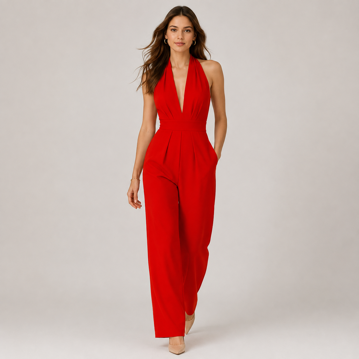 Halter Jumpsuit with Pockets, Deep V Wide Leg Style