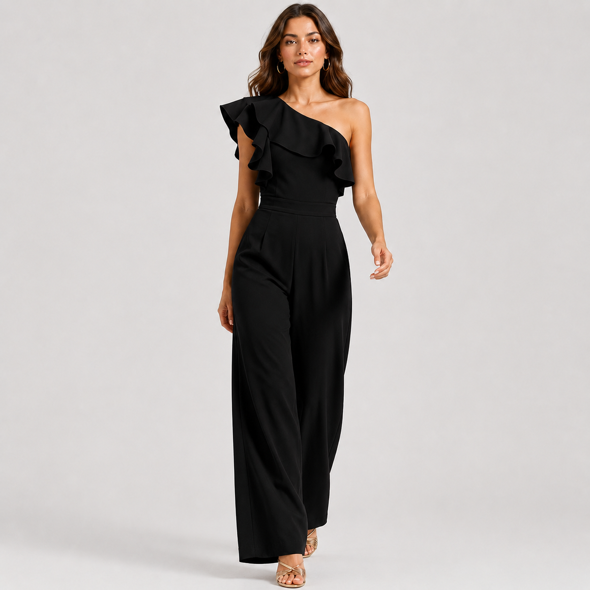 One Shoulder Ruffle Jumpsuit, High Waist Straight Leg