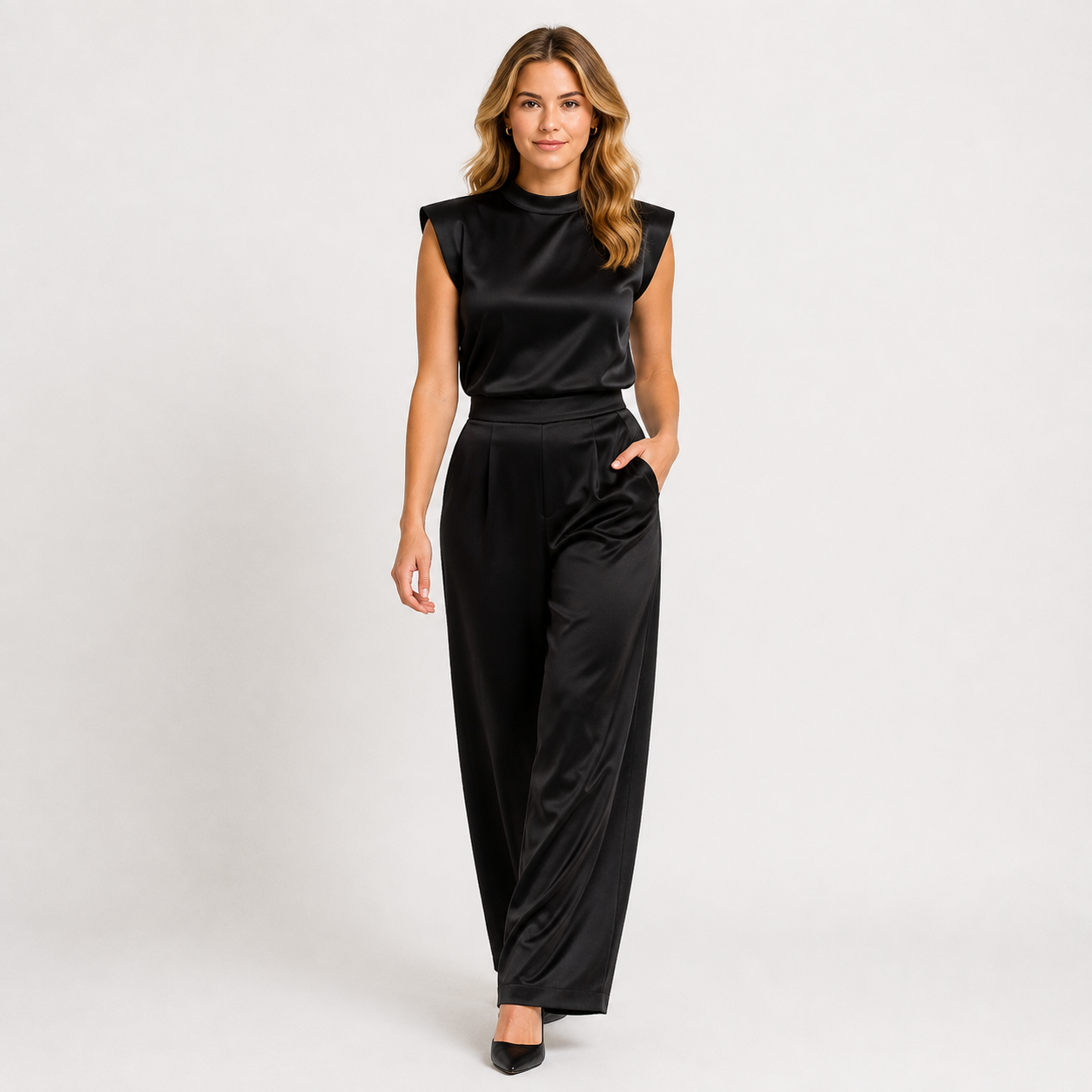 Satin Look Wide Leg Jumpsuit, Open Back Sleeveless