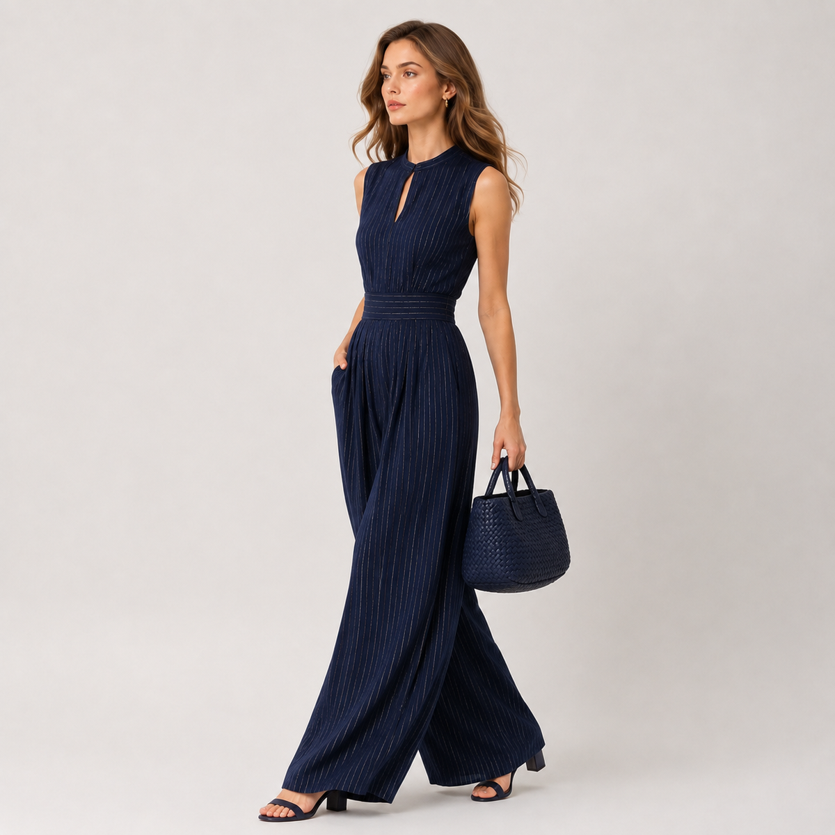 Lightweight Sleeveless Jumpsuit, Wide Leg Navy Cut