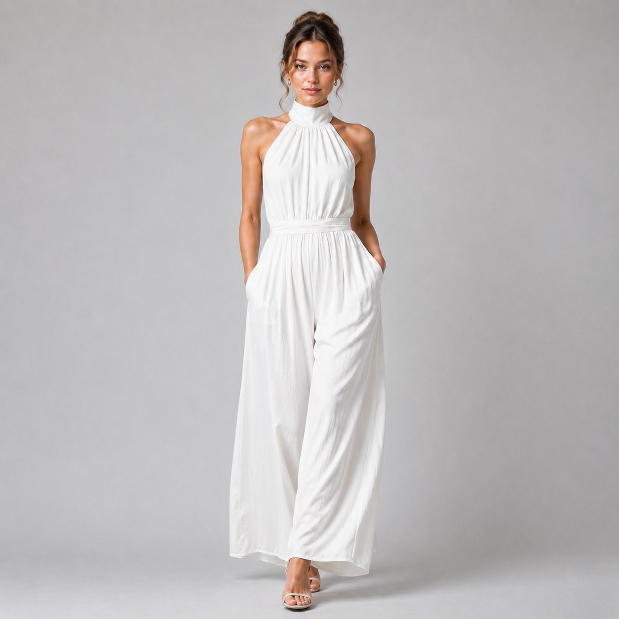 Halter Neck Wide Leg Jumpsuit, Flowing Formal Outfit