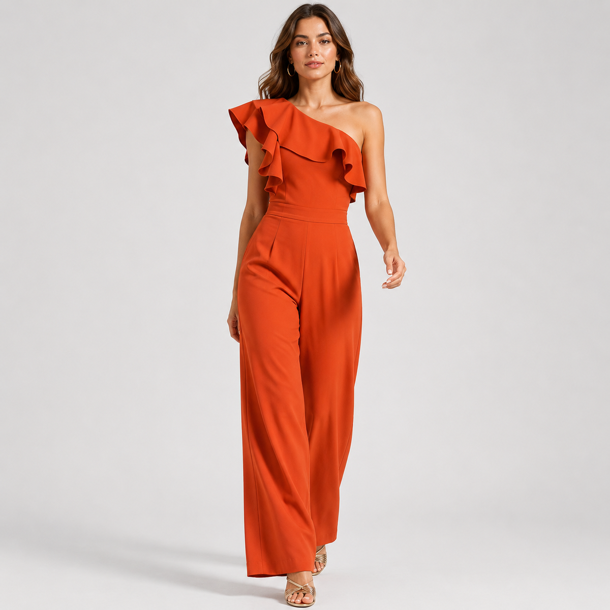 One Shoulder Ruffle Jumpsuit, High Waist Straight Leg