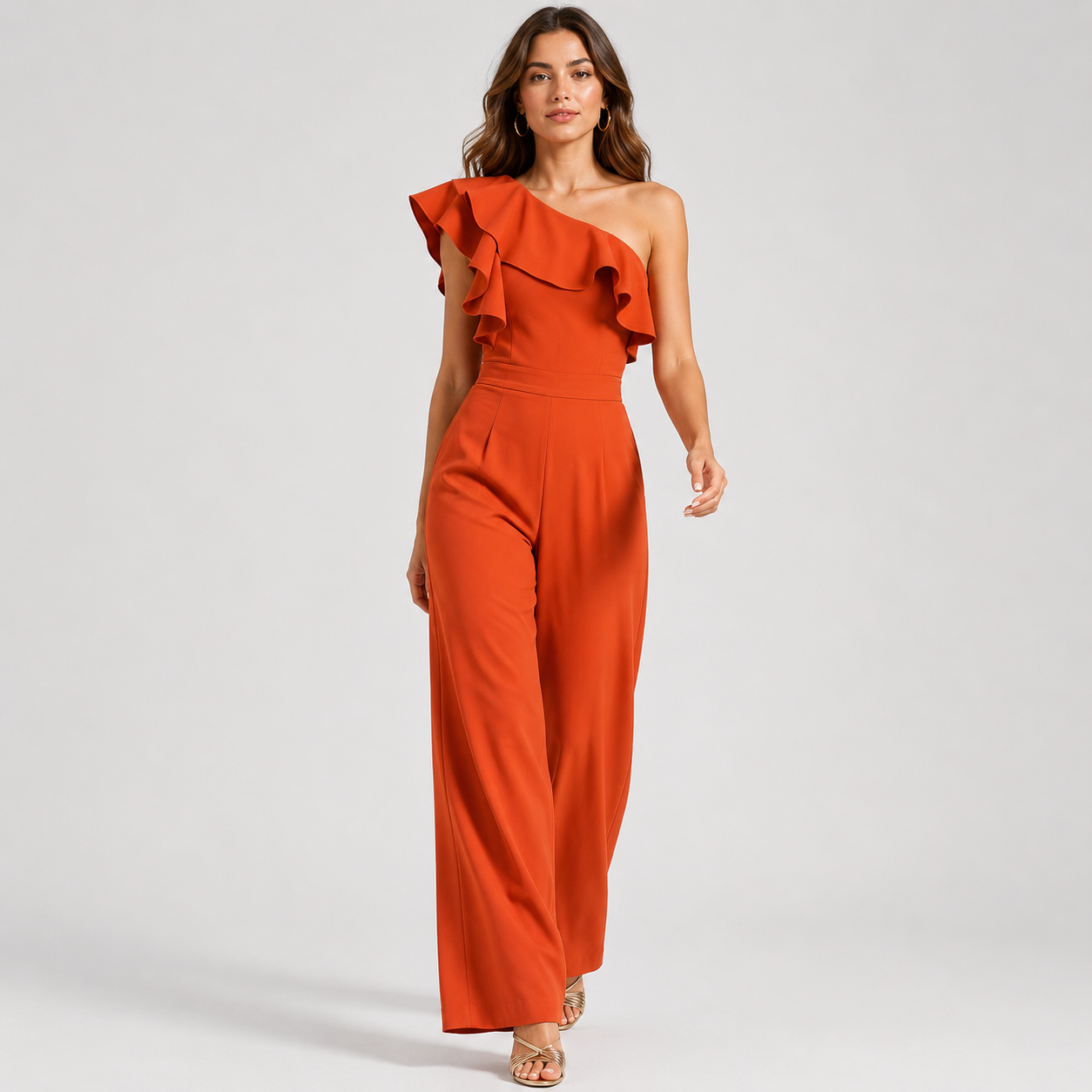 One Shoulder Ruffle Jumpsuit, High Waist Straight Leg