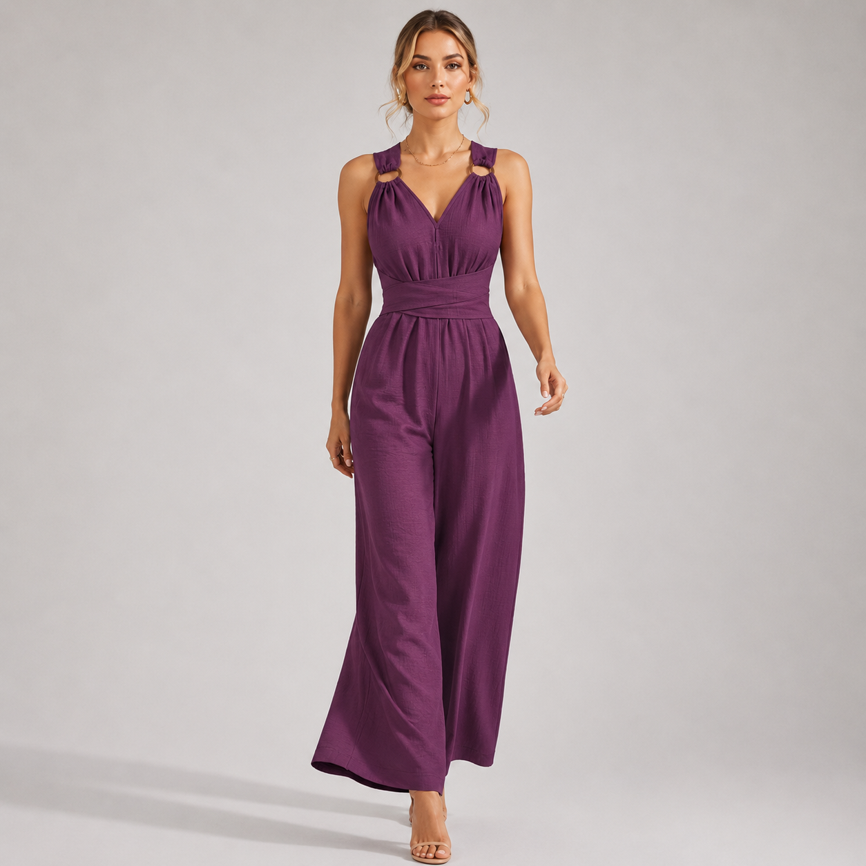 Backless V Neck Jumpsuit, Tie Waist Wide Leg Outfit