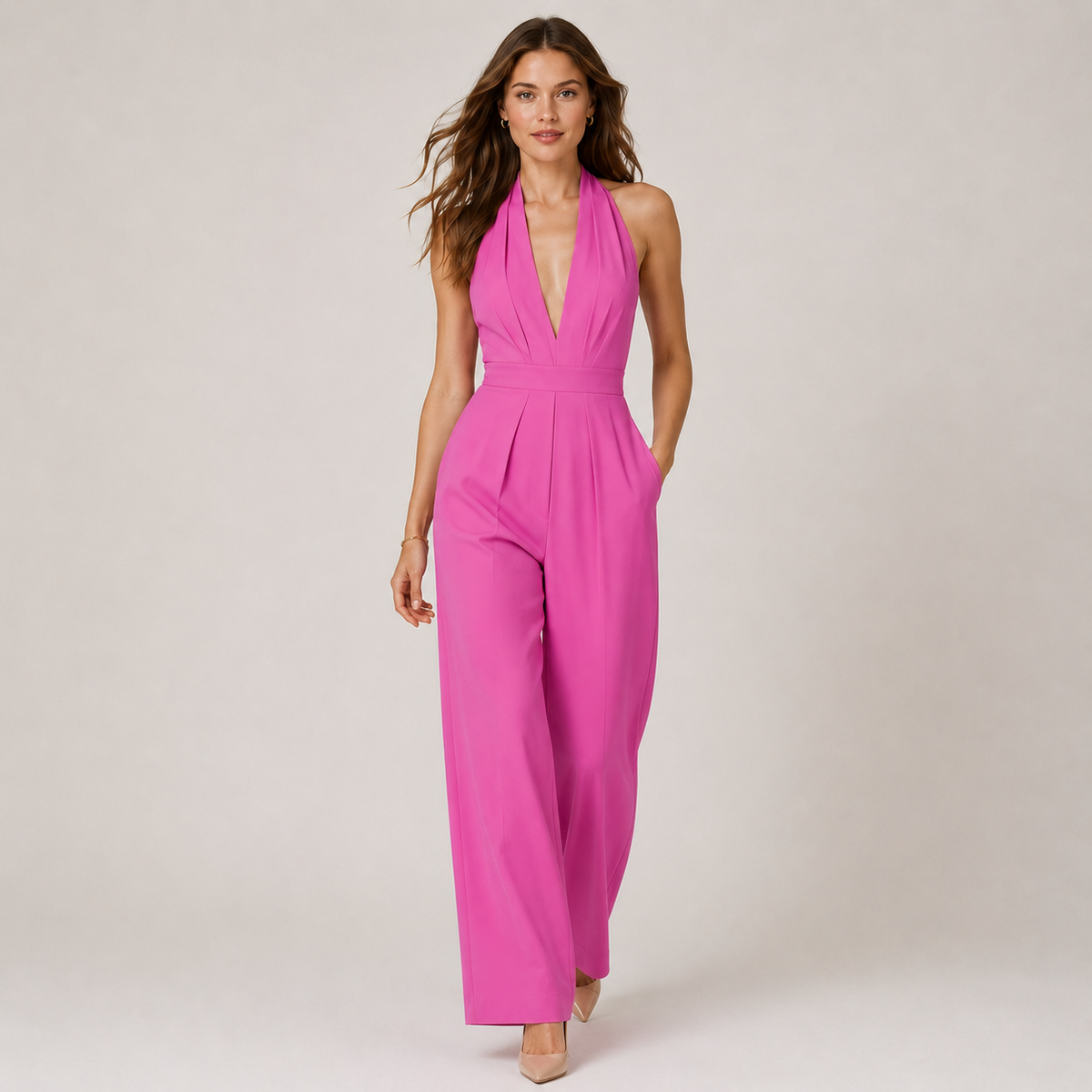 Halter Jumpsuit with Pockets, Deep V Wide Leg Style