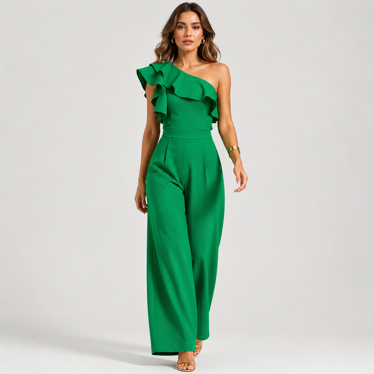 One Shoulder Ruffle Jumpsuit, High Waist Straight Leg