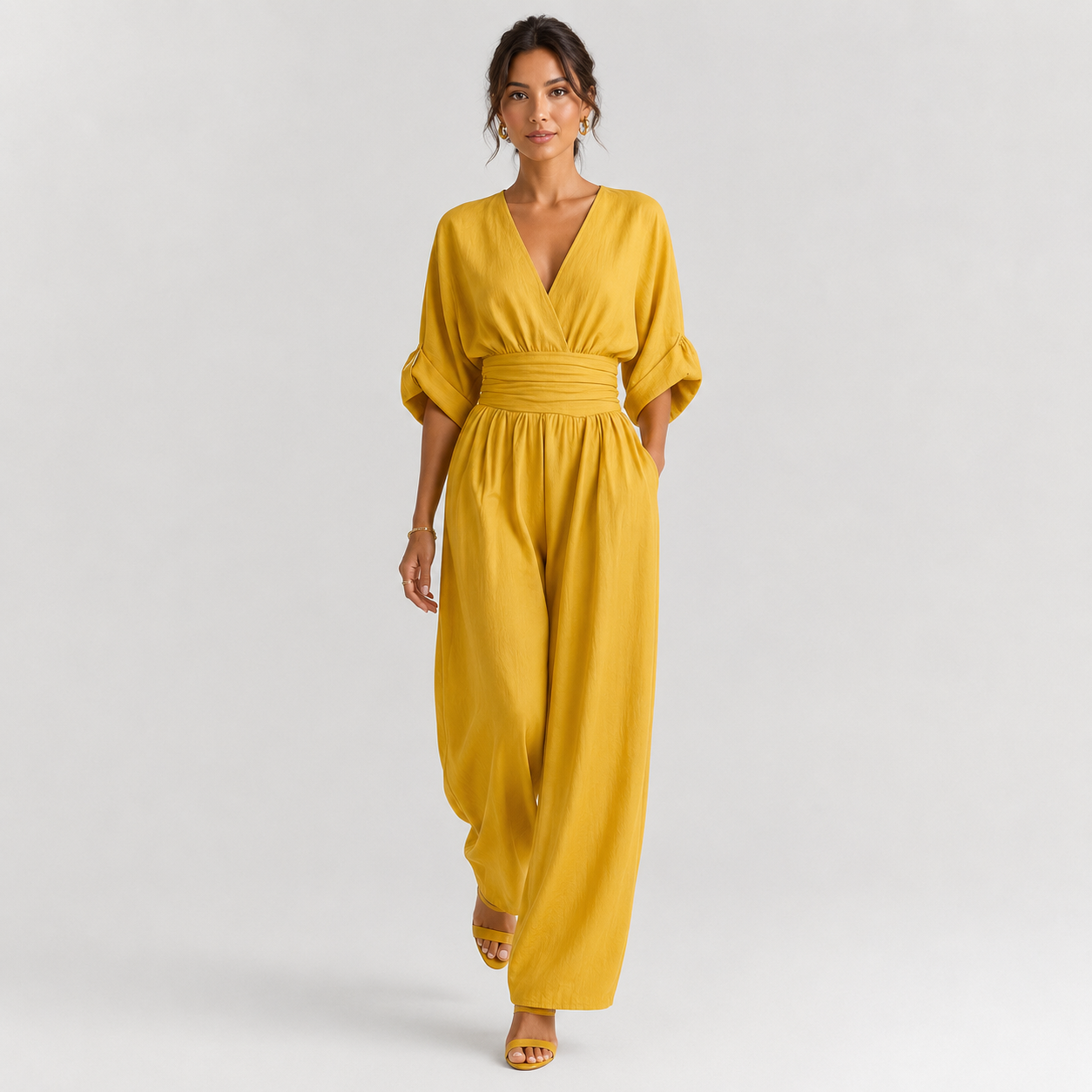 V Neck Wide Leg Jumpsuit, High Waist One Piece Outfit