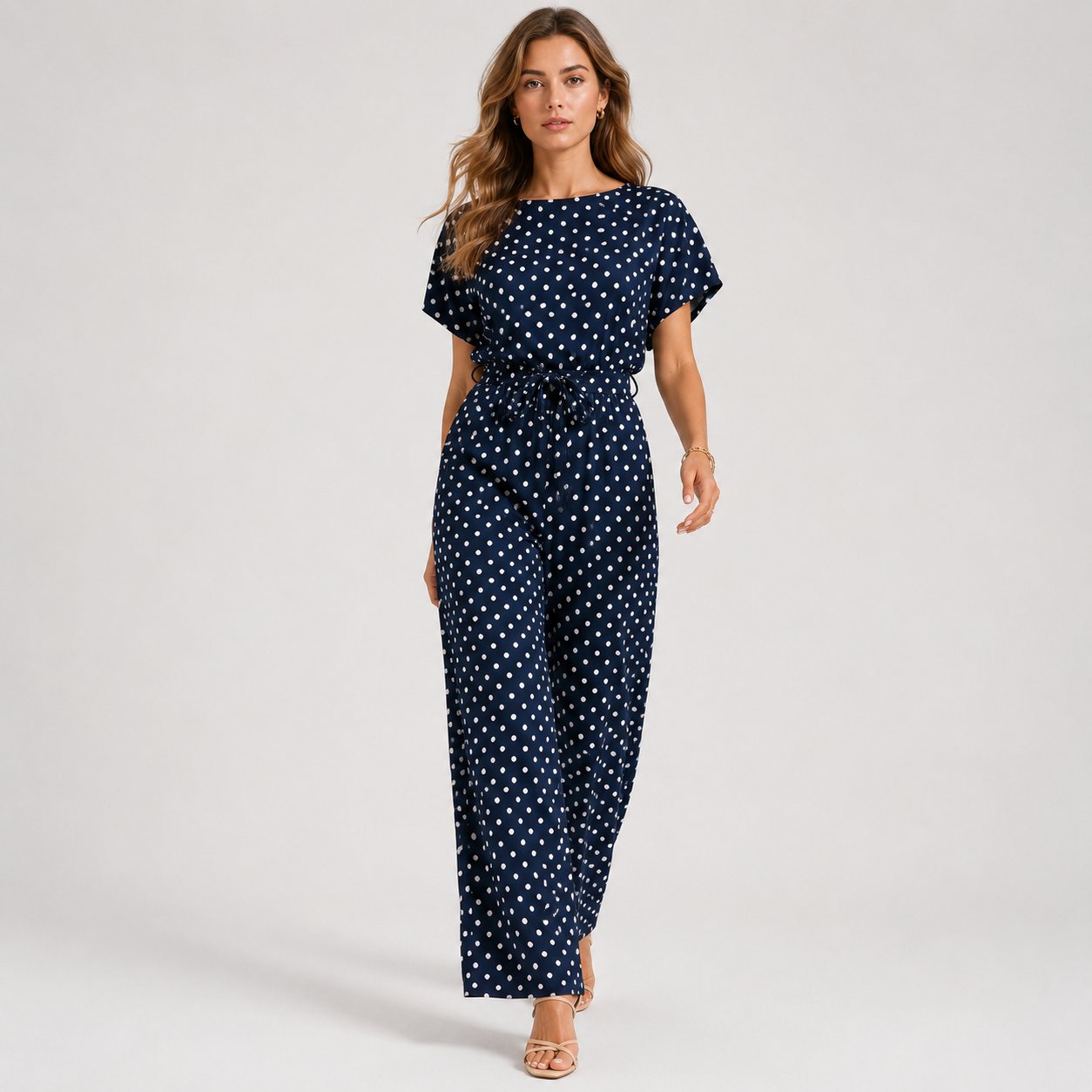 Polka Dot Wide Leg Jumpsuit, Off Shoulder Neckline