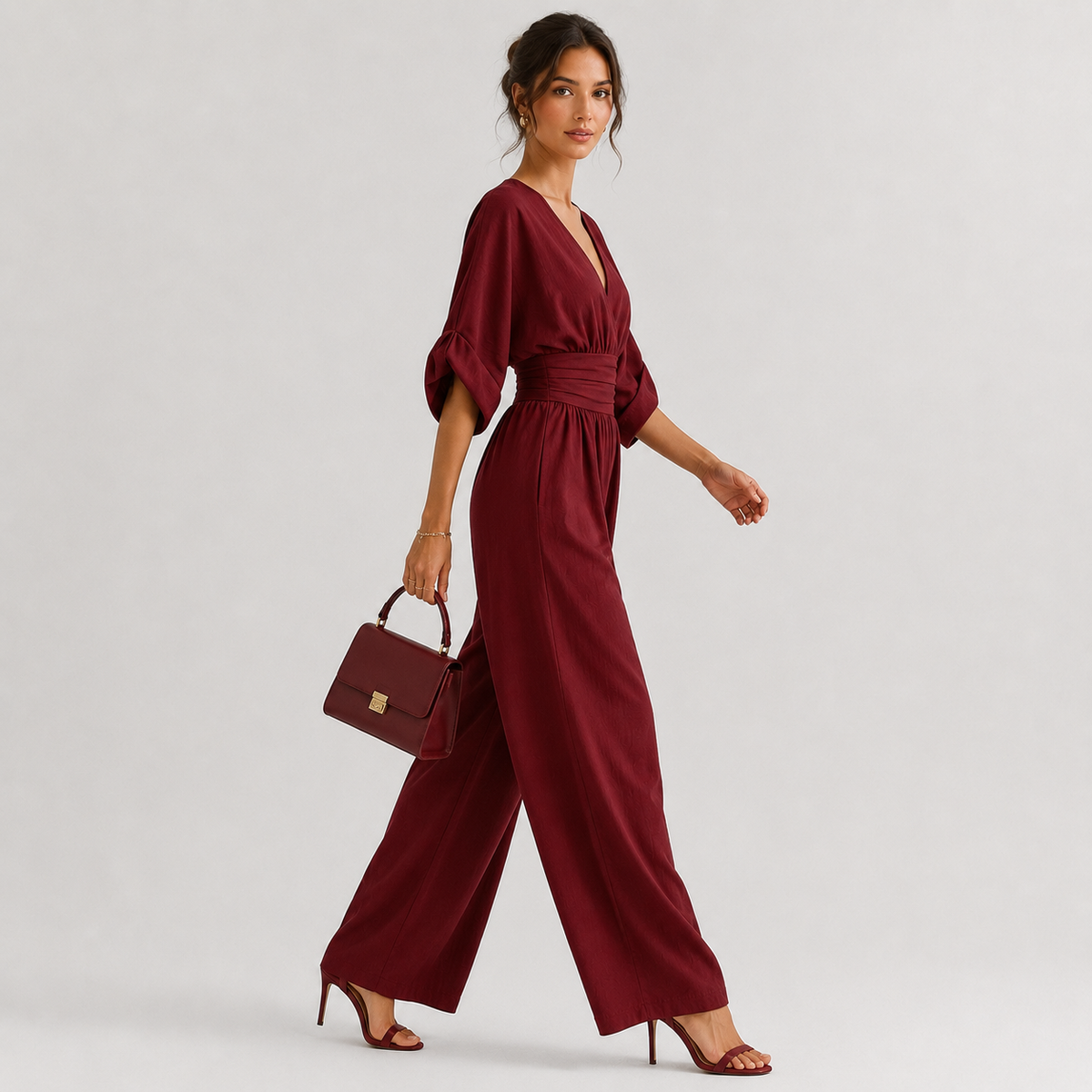 V Neck Wide Leg Jumpsuit, High Waist One Piece Outfit