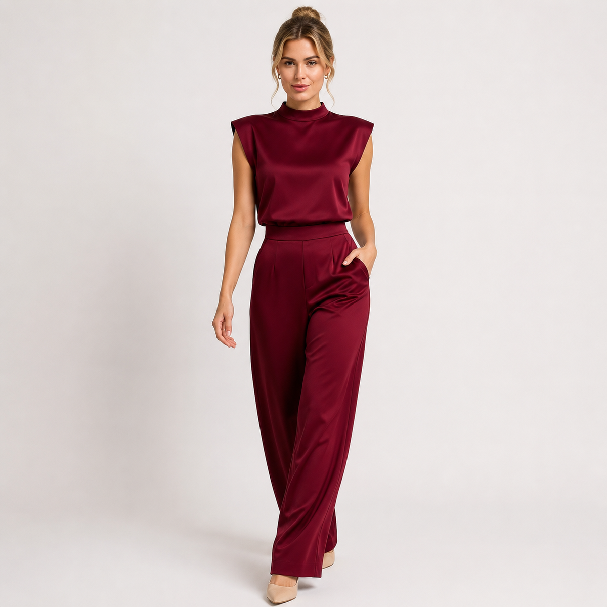 Satin Look Wide Leg Jumpsuit, Open Back Sleeveless