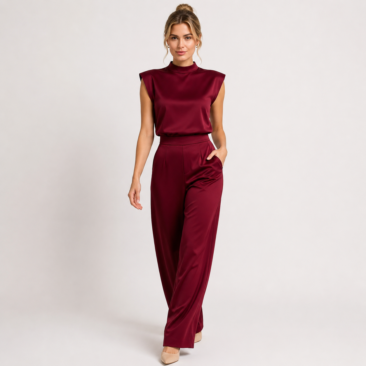 Satin Look Wide Leg Jumpsuit, Open Back Sleeveless