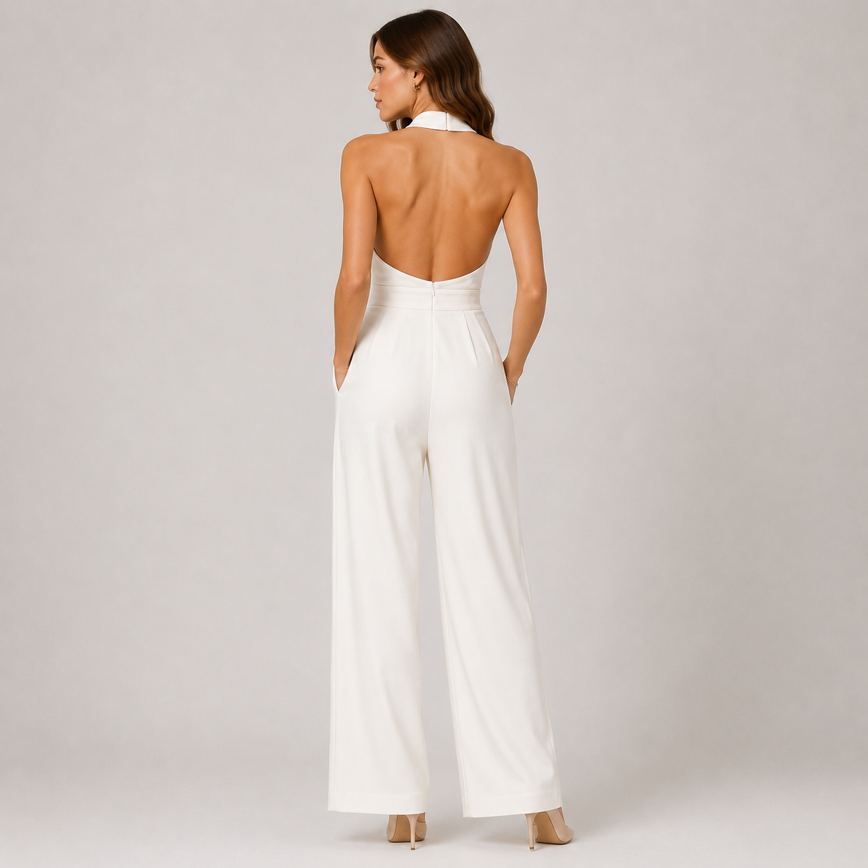 Halter Jumpsuit with Pockets, Deep V Wide Leg Style