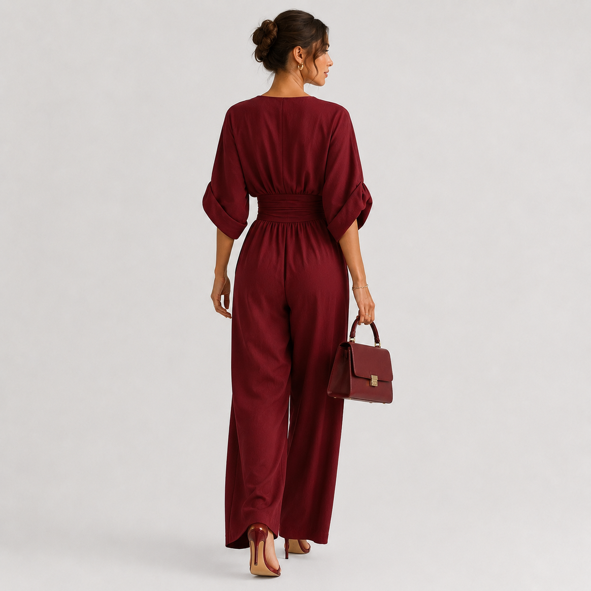 V Neck Wide Leg Jumpsuit, High Waist One Piece Outfit