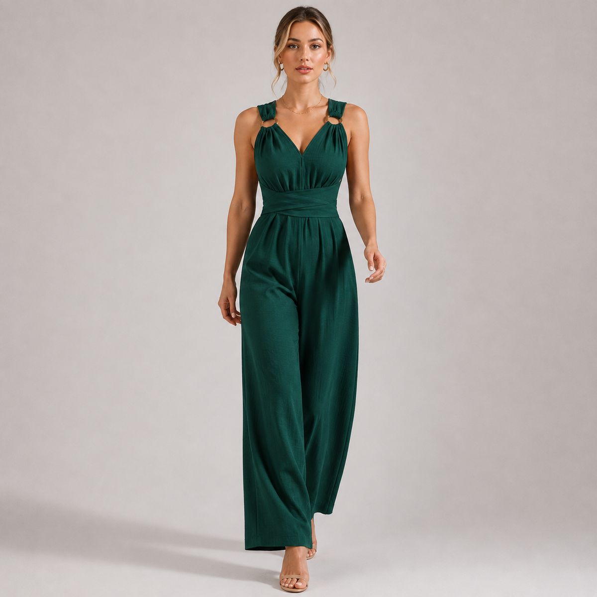 Backless V Neck Jumpsuit, Tie Waist Wide Leg Outfit