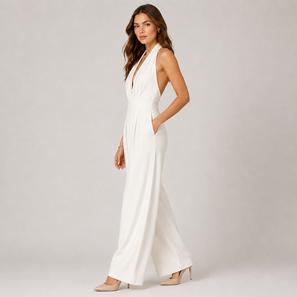 Halter Jumpsuit with Pockets, Deep V Wide Leg Style