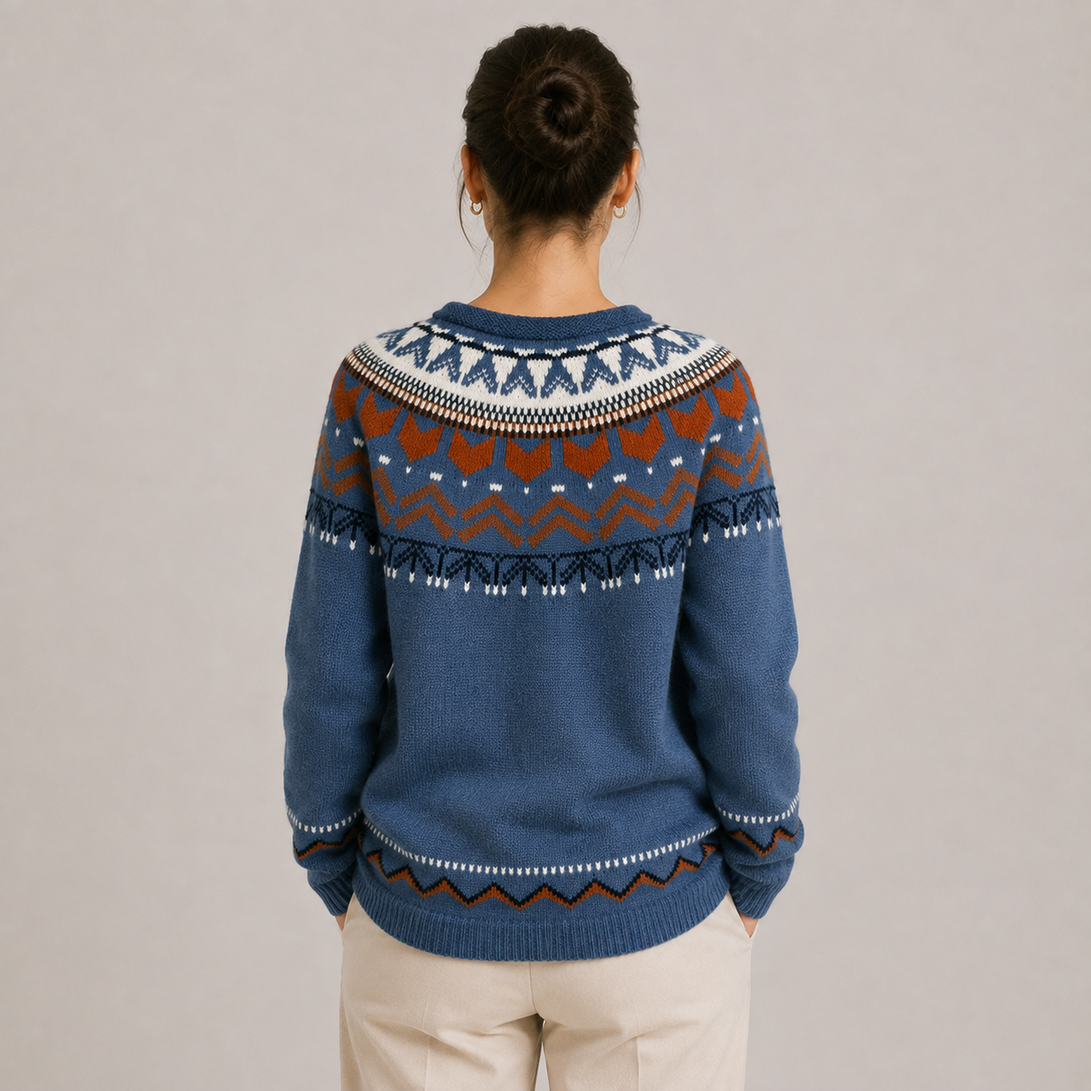 Nordic Pattern Knit Sweater, Cozy Crew Neck Pullover