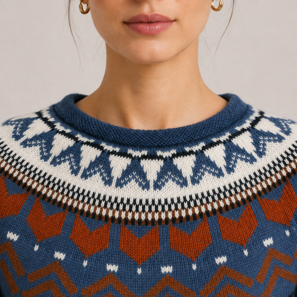 Nordic Pattern Knit Sweater, Cozy Crew Neck Pullover