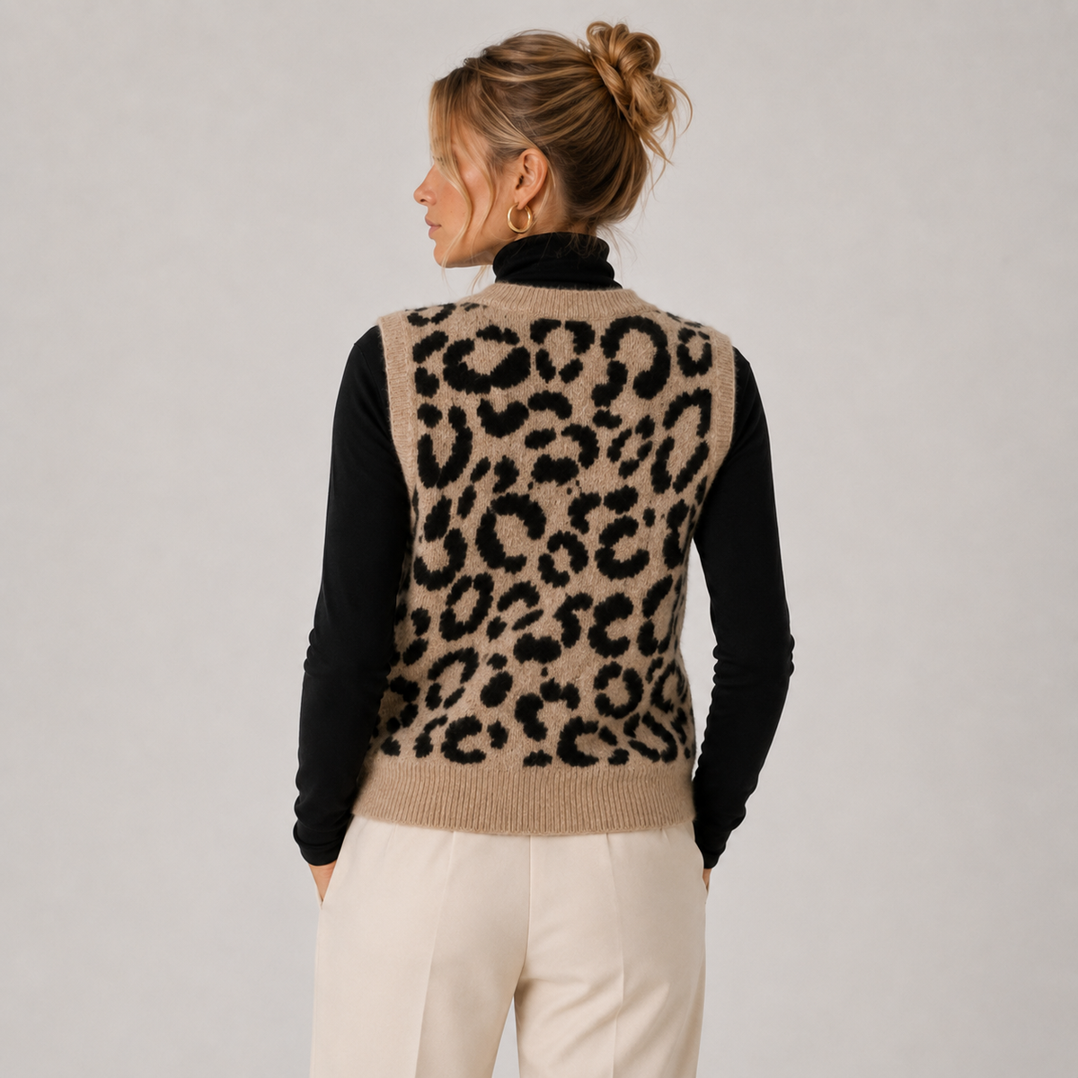 Leopard Print Sweater Vest, Button Front Knit Layer