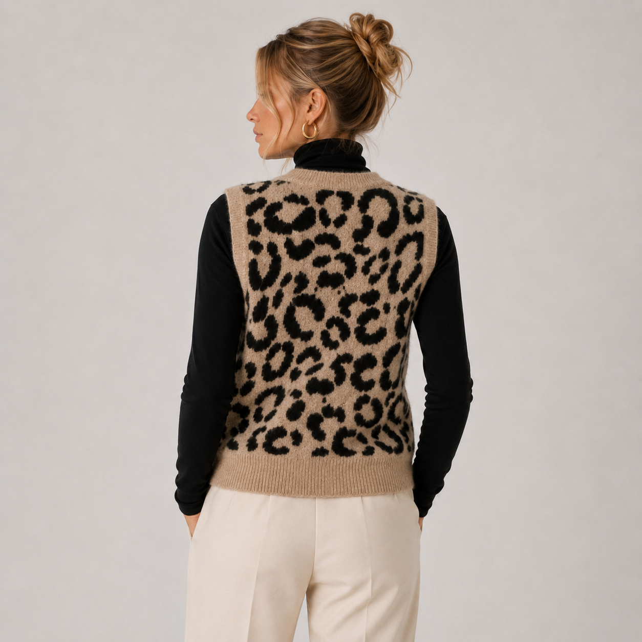 Leopard Print Sweater Vest, Button Front Knit Layer