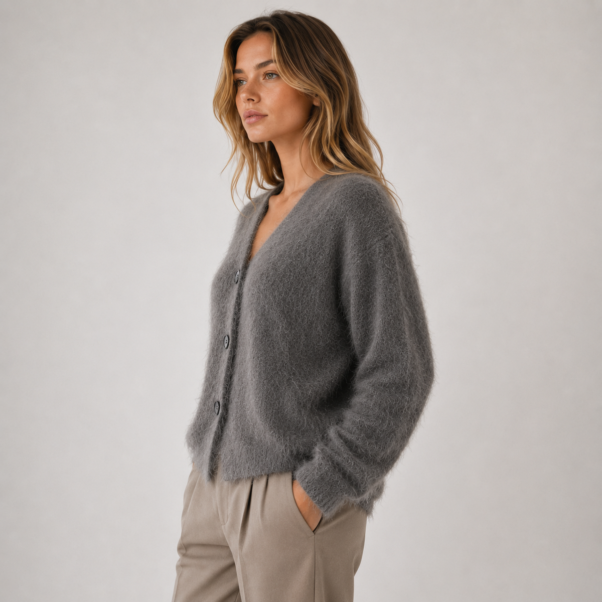 Fuzzy Knit Button Front Cardigan, Soft V-Neck Layer