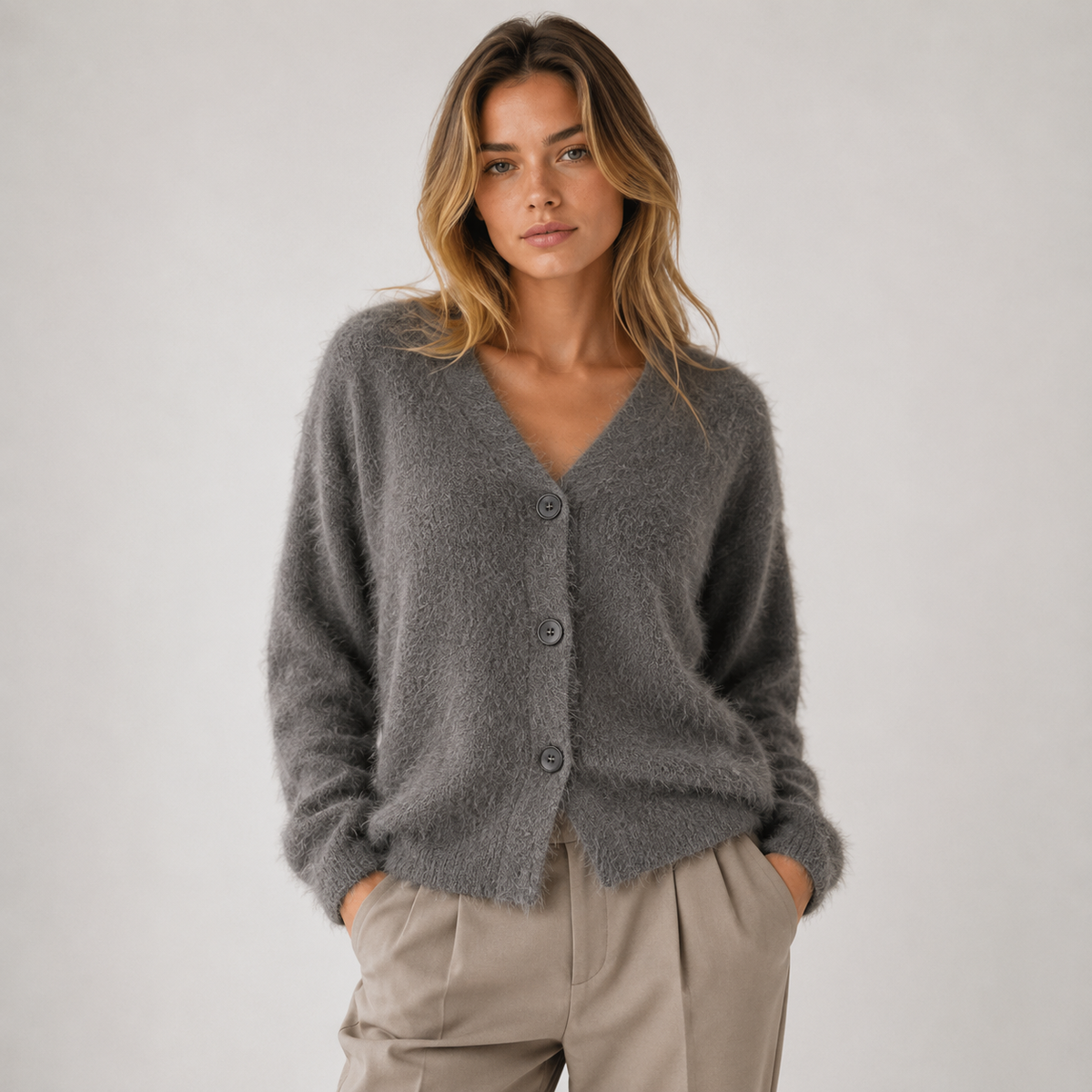 Fuzzy Knit Button Front Cardigan, Soft V-Neck Layer