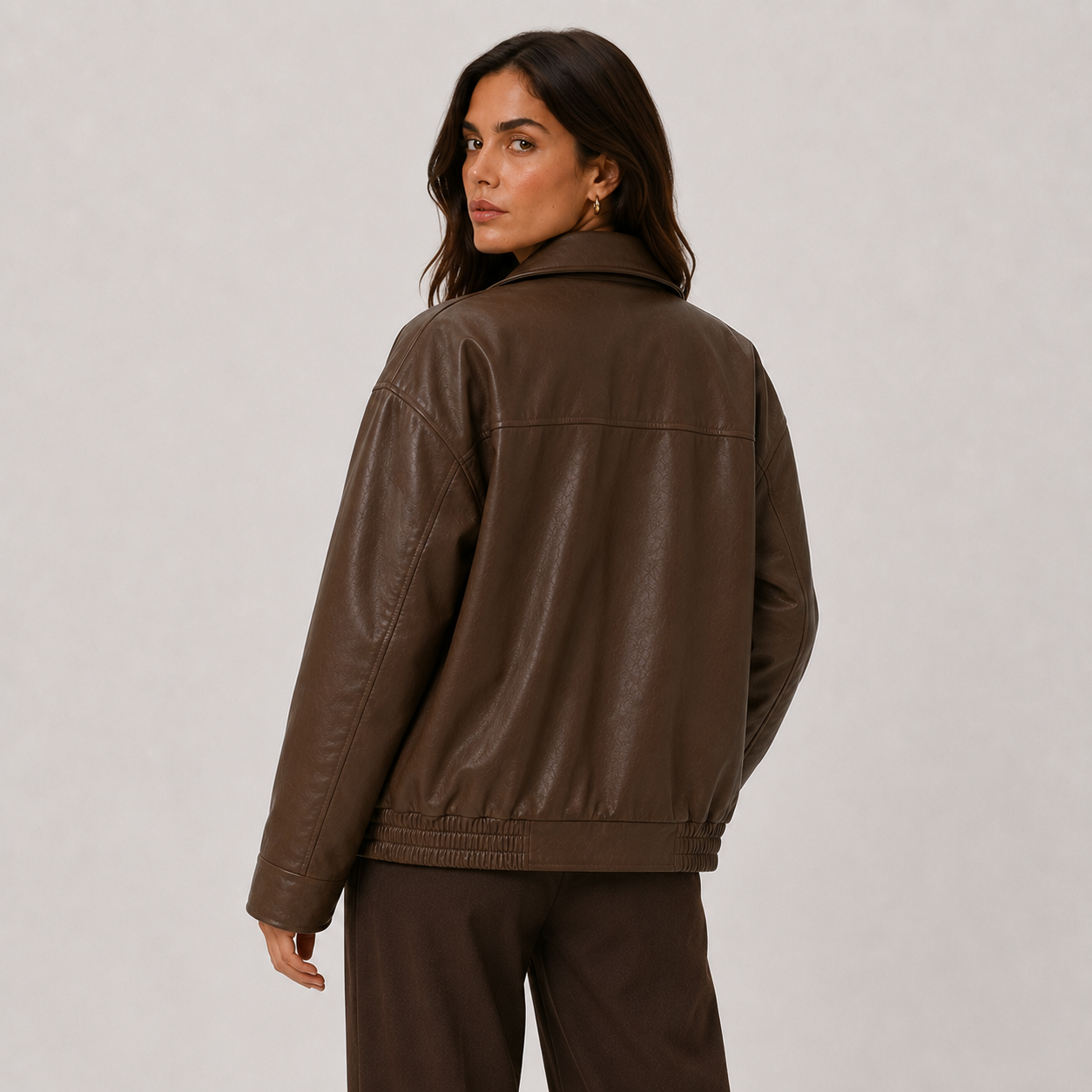 Relaxed Leather Look Jacket, Zip Front Classic Collar